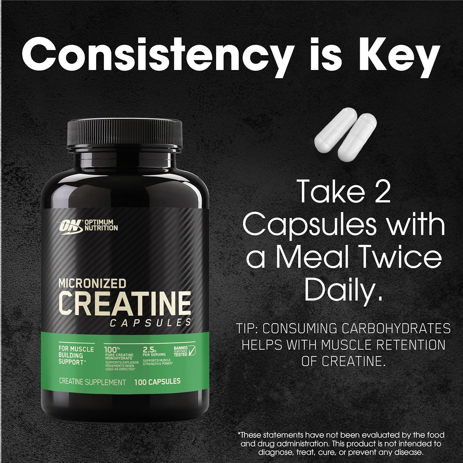 Optimum Nutrition Micronized Creatine Monohydrate Capsules, Keto Friendly, 2500mg, 100 Capsules : Health & Household