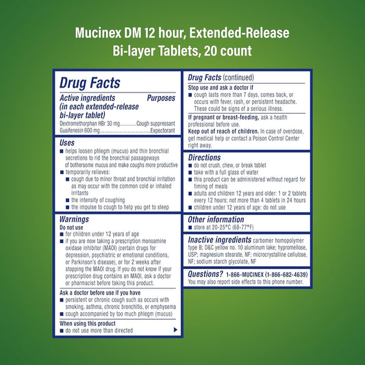 Mucinex Cough Suppressant and Expectorant, DM 12 Hr Relief Tablets, 20ct, 600 mg Guaifenesin, 30 mg Dextromethorphan HBr, Controls Cough and Thins & Loosens Mucus That Causes Cough & Chest Congestion