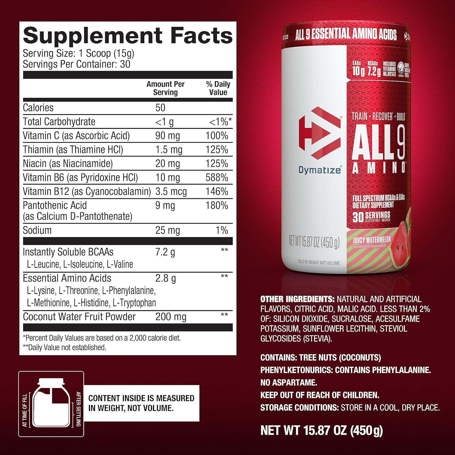 Dymatize All9 Amino, 7.2G Of Bcaas, 10G Of Full Spectrum Essential Amino Acids Per Serving For Recovery And Optimal Muscle Protein Synthesis, Juicy Watermelon, 30 Servings, 15.87 Ounce : Health & Household