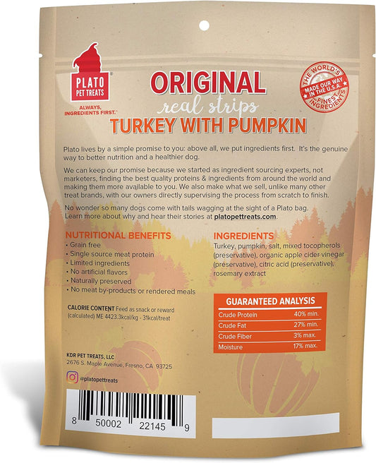 PLATO Turkey Real Strips Natural Dog Treats - Real Meat - Air Dried - Made in the USA - Turkey & Pumpkin, 18 ounces