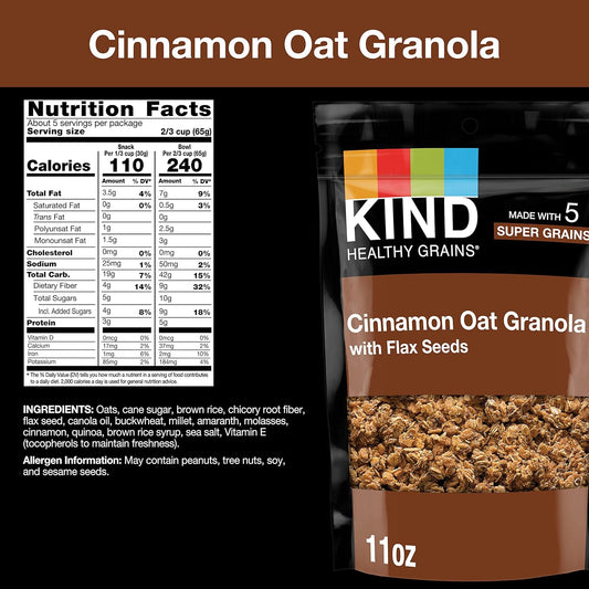 Kind Healthy Grains Clusters, Cinnamon Oat Granola With Flax Seeds, Healthy Snacks, Gluten Free, 1 Count