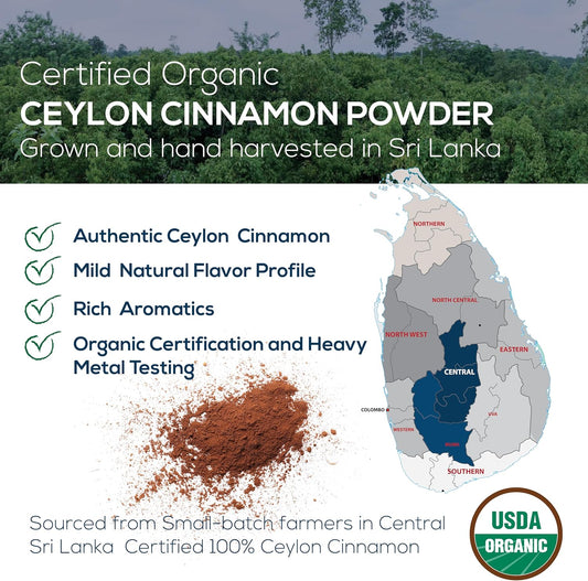 Organic Ceylon Cinnamon, Single Estate, Freshly Ground Premium Sri Lanka Cinnamon, Non-Gmo, Fair-Trade & Gluten Free In Resealable Jar For Cooking, Smoothies, Lattes & Tea