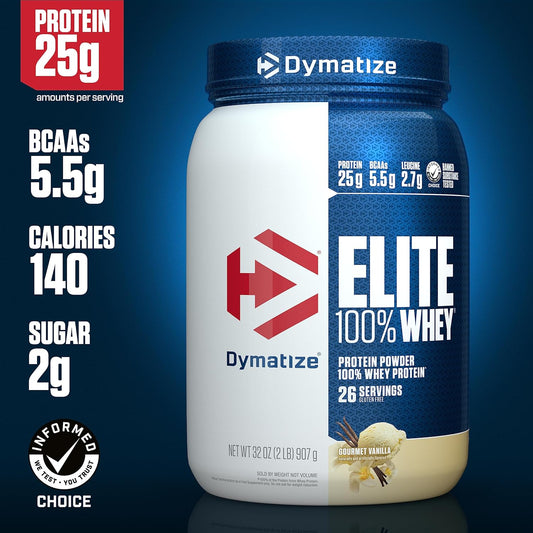 Dymatize Elite 100% Whey Protein Powder, L-Leucine, Quick Absorbing & Fast Digesting For Optimal Muscle Recovery, Gourmet Vanilla, 32 Oz