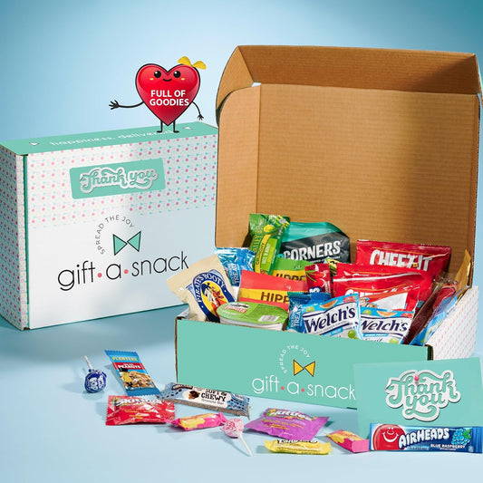 Gift A Snack - Thank You Snack Box Variety Pack Care Package + Greeting Card (45 Count) Appreciation Sweet Treats Gift Basket, Candies Chips Crackers Bars, Crave Food Assortment - Adults Kids