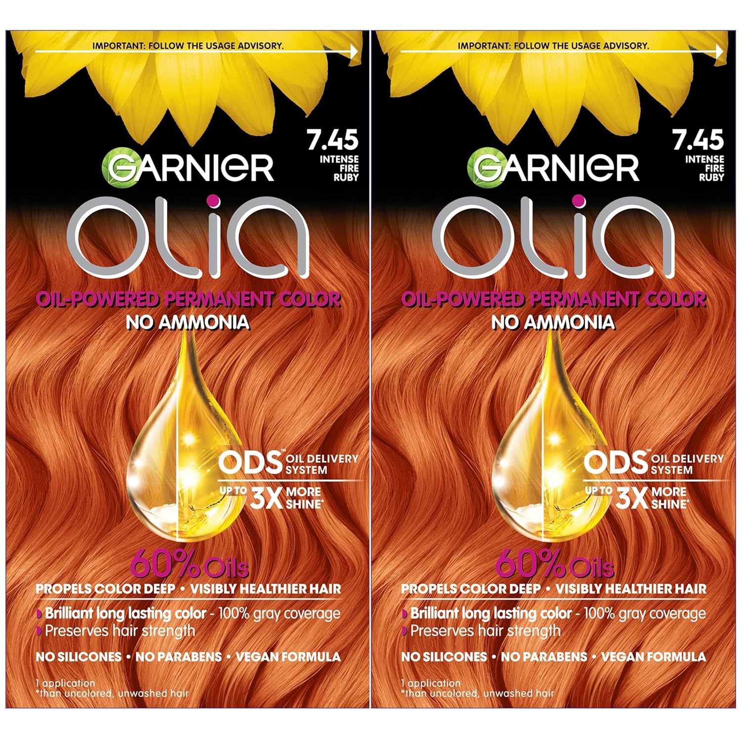 Garnier Hair Color Olia Ammonia-Free Brilliant Color Oil-Rich Permanent Hair Dye, 7.45 Dark Fire Ruby, 2 Count (Packaging May Vary)