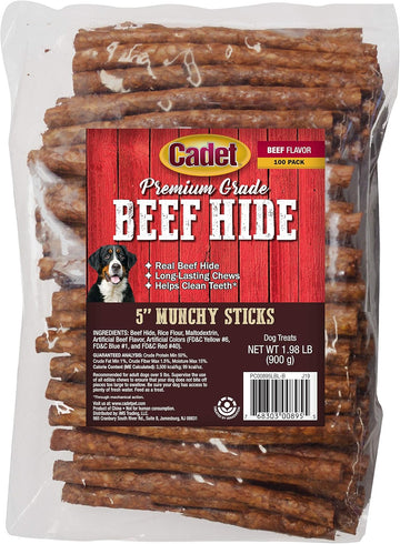 Cadet Premium Grade Beef Hide For Dogs, Long Lasting Rawhide Munchy Sticks, Single Ingredient Dog Chews, Beef Hide Flavor, 5 Inch (100 Count)