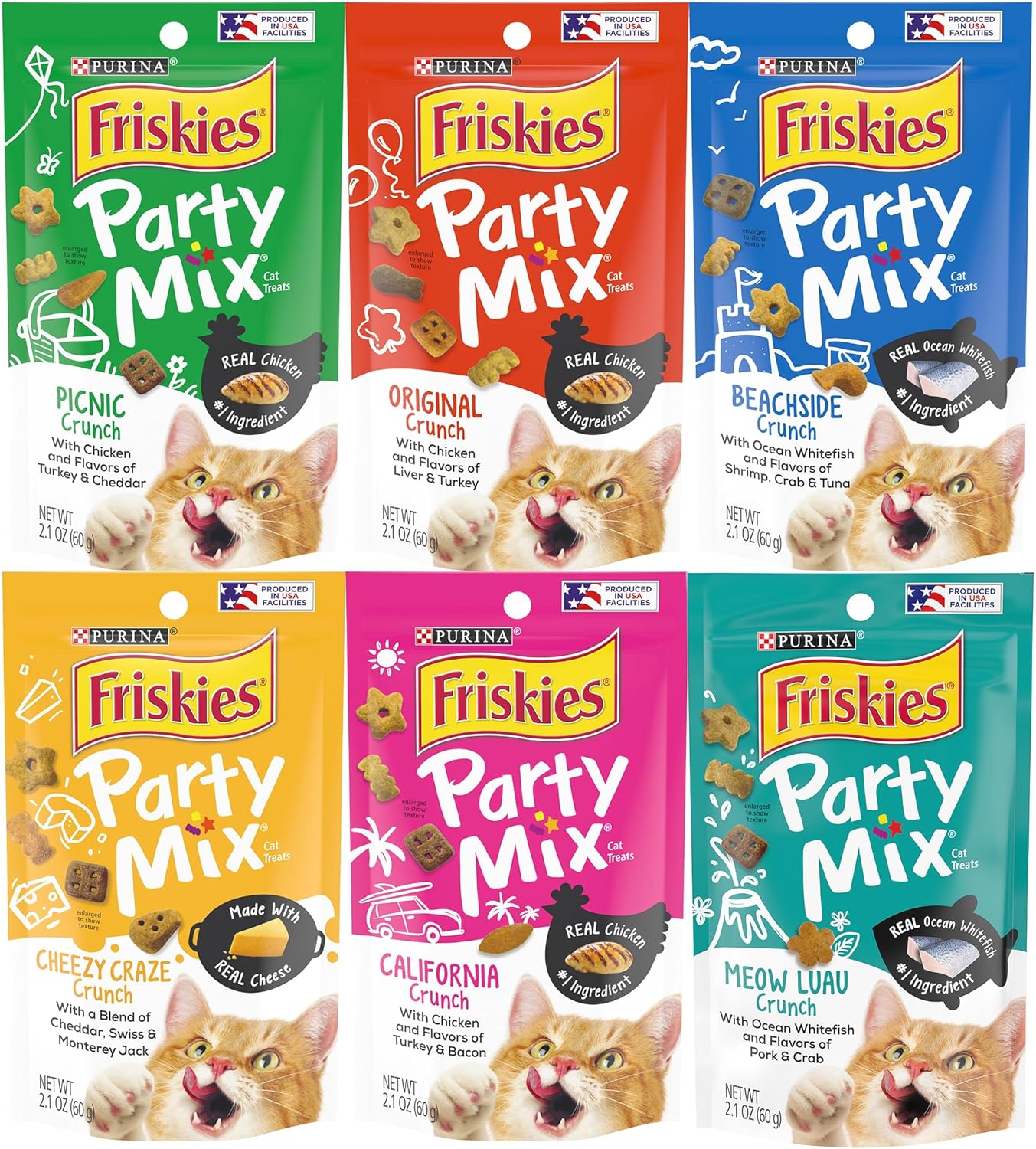 Friskies Party Mix Crunch Variety Pack (6 Fun Flavors 2.1 Oz Each) - Picnic, Beachside, Cheezy Craze, Original, California Dreamin', And Meow Luau