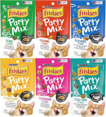 Friskies Party Mix Crunch Variety Pack (6 Fun Flavors 2.1 oz each) - Picnic, Beachside, Cheezy Craze, Original, California Dreamin', and Meow Luau