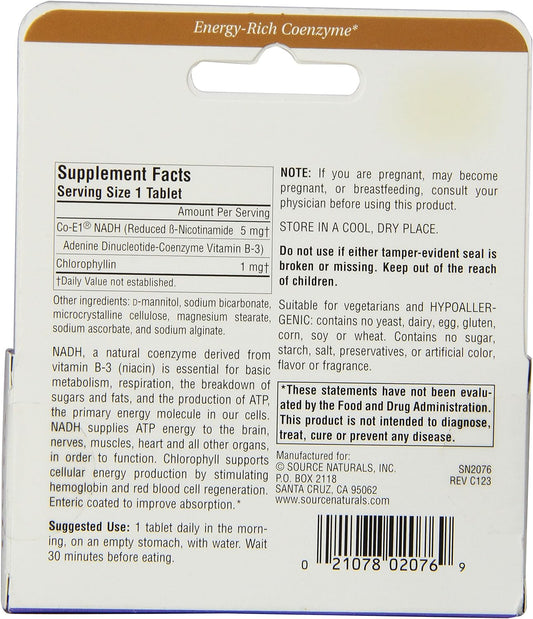 Source Naturals NADH, Coenzyme B-3, for Energy and Mental Alertness*, 5 mg - 30 Enteric Coated Tablets