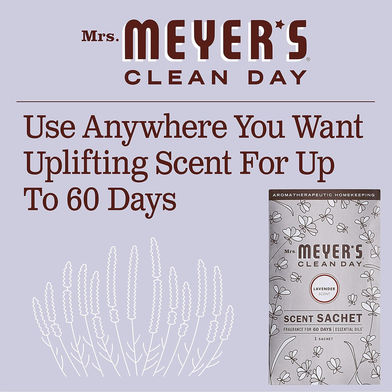 Mrs. Meyer'S Clean Day Air Freshener Sachets, Fragrance For Your Locker, Car, Closet, And Gym Bag, Lavender, Pack Of 3