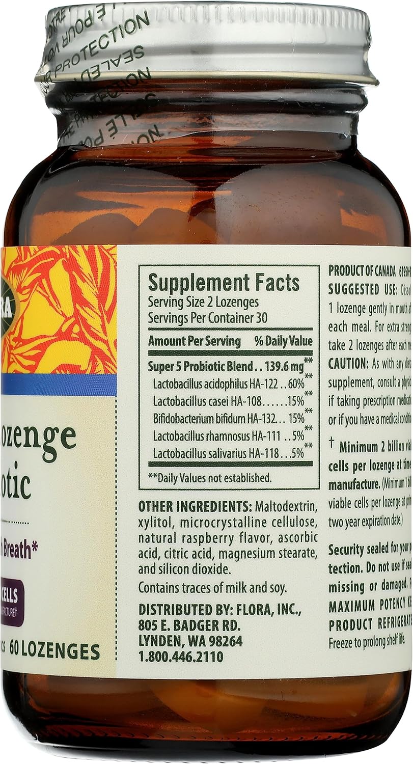 Flora - Super 5 Lozenge Probiotic, Raspberry Flavored Oral Probiotic, Good for Bad Breath, Five Strains with 2 Billion CFU, Regain and Retain Gut Health, RAW, 60 Lozenges : Health & Household