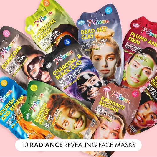 7Th Heaven Pamper & Party Face Mask Gift Set – Pack Of 10 Cream & Peel-Off Masks Plus Makeup Bag – With Vitamin E, Hyaluronic Acid, Niacinamide & Vitamin C – Suitable For All Skin Types