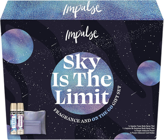 Impulse Sky Is The Limit Body Spray Fragrance & On-The-Go With A Purple Iridescent Makeup Bag And Card Holder Set For Her 2 Piece