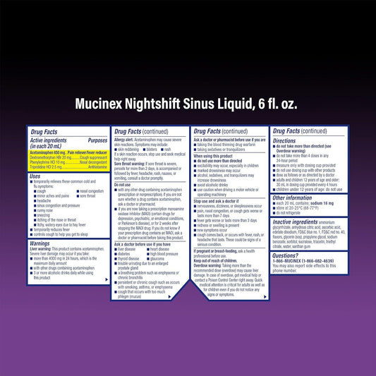 Mucinex Nightshift Sinus, Nighttime Sinus Symptom Relief, Pain Reliever, Fever Reducer, Cough Suppressant, Nasal Decongestant, Antihistamine, 6 Fl Oz, Nighttime Relief For A Better Morning (Pack Of 4)