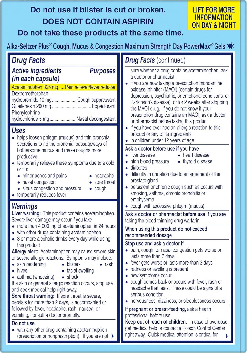 Alka-Seltzer Plus Maximum Strength, Cough Mucus & Congestion, Day+Night PowerMax Liquid Gels - Fast-Acting Cough and Congestion Medicine for Adults and Children 12 Years and Older, 24 Count : Health & Household