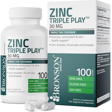 Bronson Zinc Triple Play 30 Mg Triple Coverage Immune Support Zinc Supplement With Zinc Acetate, Picolinate & Orotate - Immune, Antioxidant & Skin Health Support