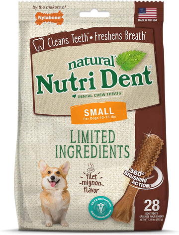 Nylabone Nutri Dent Dog Dental Chews - Natural Dog Teeth Cleaning & Breath Freshener - Dental Treats for Dogs - Filet Mignon Flavor, Small (28 Count)