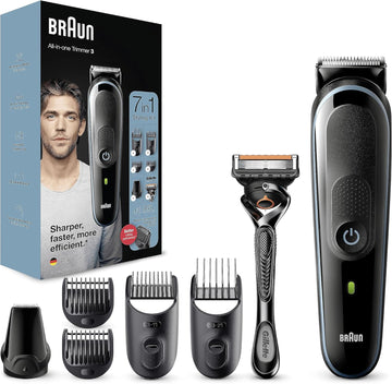 Braun 7-In-1 All-In-One Series 3, Male Grooming Kit With Beard Trimmer, Hair Clippers, Gillette Razor & Precision Trimmer, 5 Attachments, Gifts For Men, Uk 2 Pin Plug, Mgk3245, Black/Blue Razor