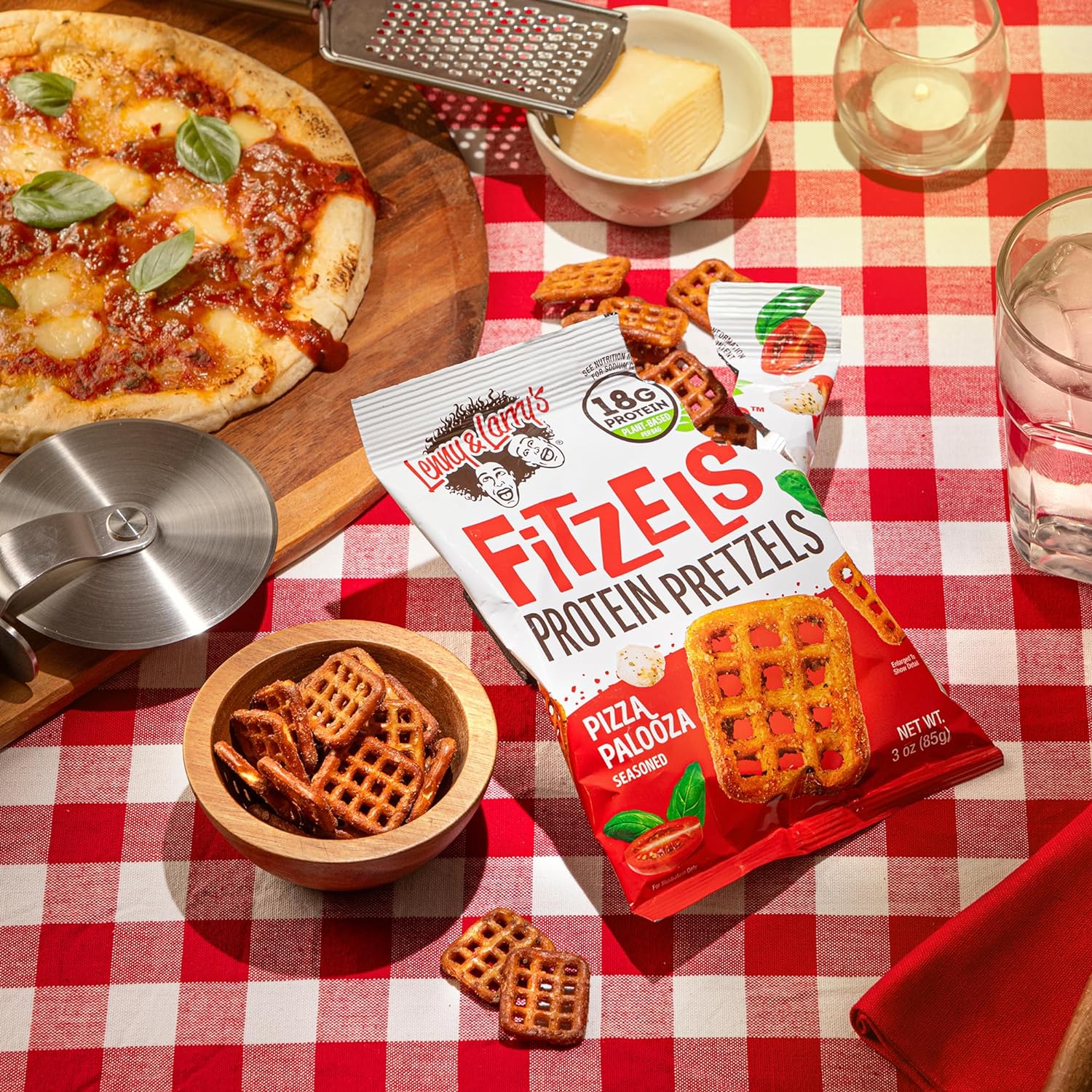 Lenny & Larry's Pizza Palooza FITZELS- Savory Pretzel Snacks Incredibly Tasty High Protein, Salty, Vegan, Kosher 18 g's of Plant Based Protein 8 (eight) Bags, 3 oz Each : Grocery & Gourmet Food