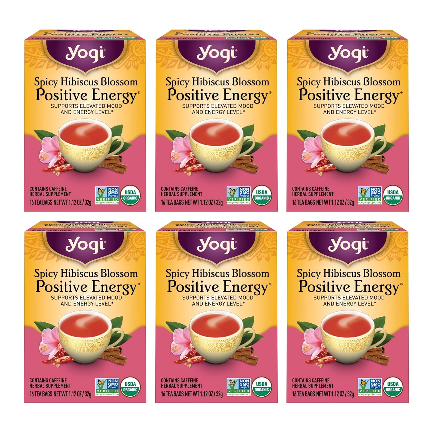 Yogi Tea Spicy Hibiscus Blossom Positive Energy Tea - 16 Tea Bags Per Pack (6 Packs) - Organic Herbal Tea To Support Energy - Includes Black Tea Leaf, Hibiscus Flower, Cinnamon Bark & More