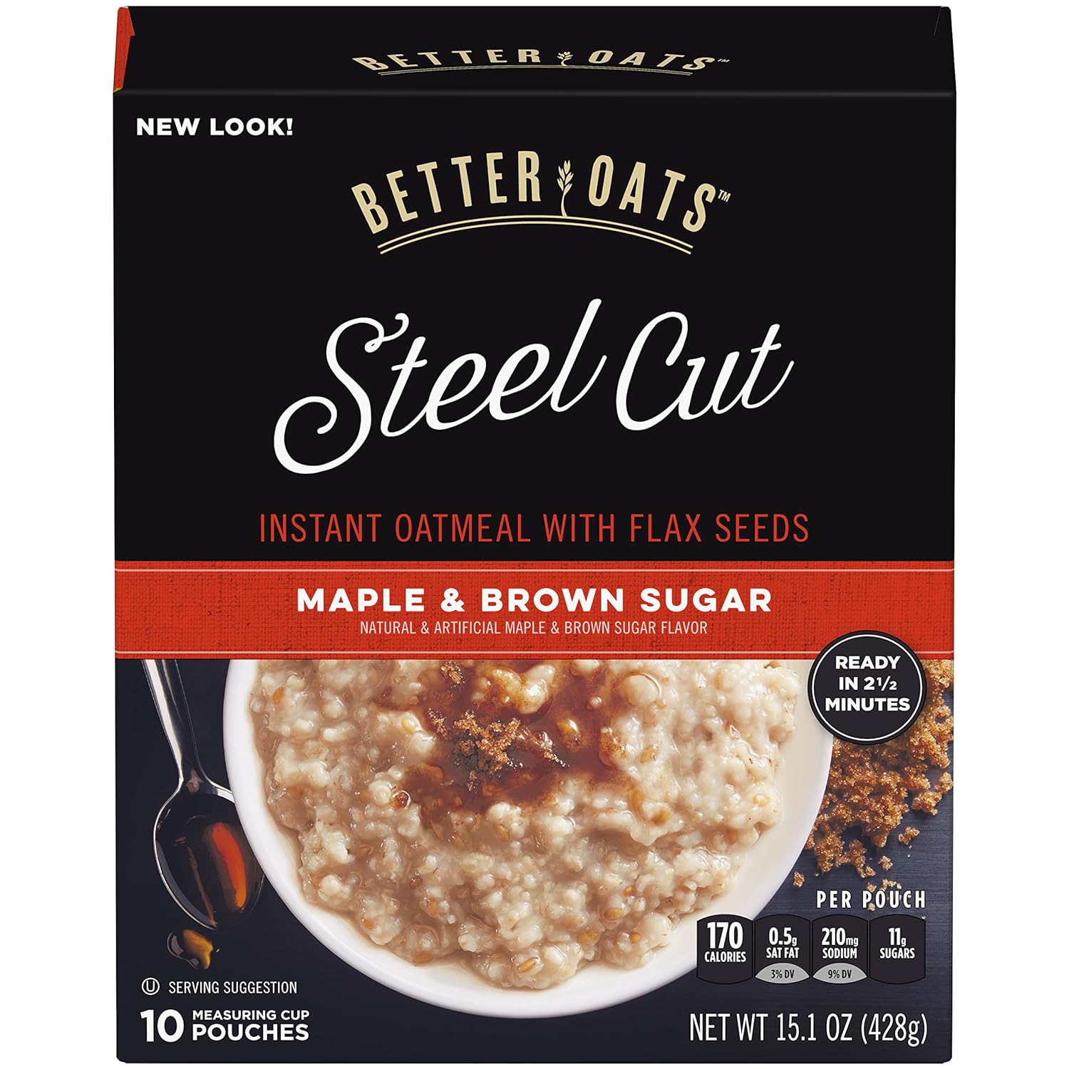 Better Oats Maple and Brown Sugar Steel Cut Oatmeal Packets, Instant Oatmeal Packets with Steel Cut Oats and Flax Seeds, Ready in 2.5 Minutes, Maple Brown Sugar Flavor, Pack of 6, 15.1 OZ Pack