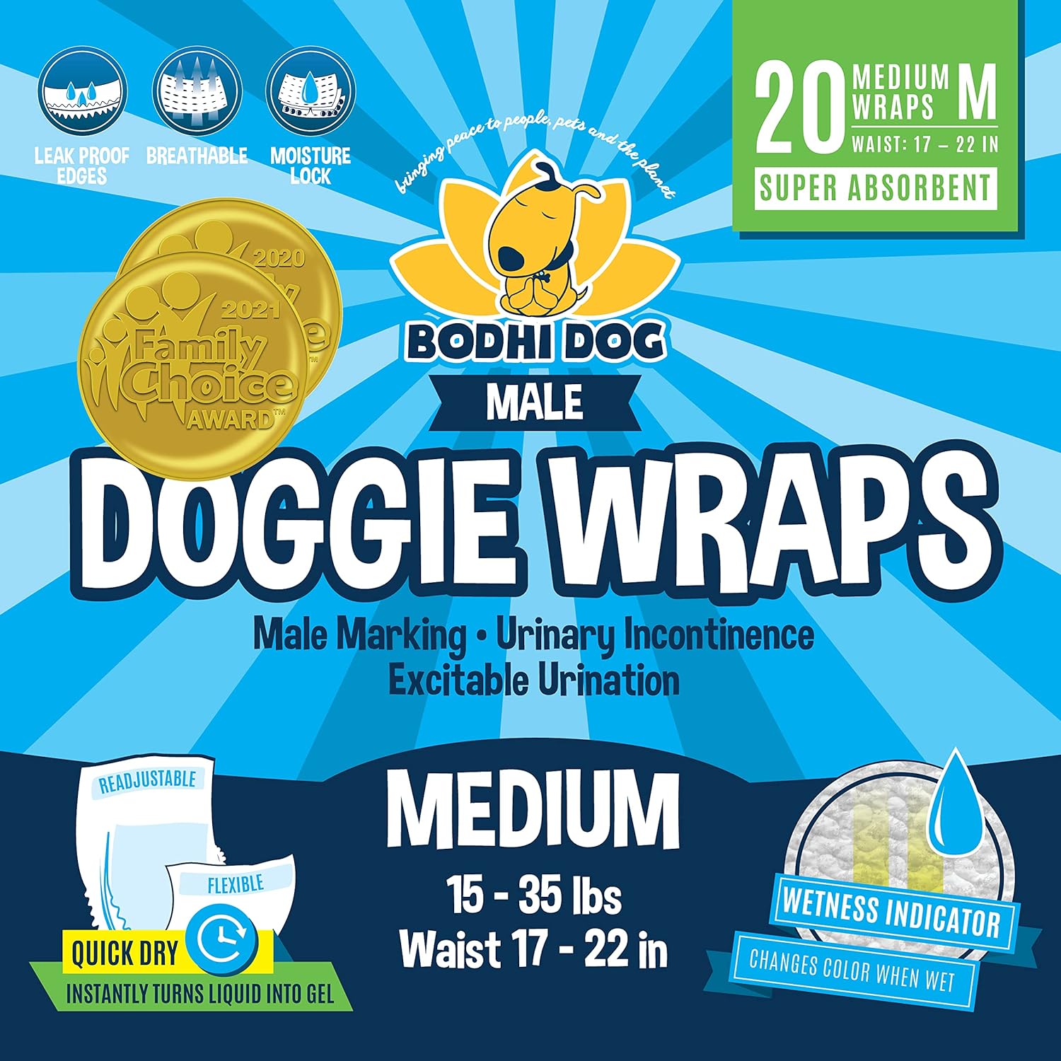 Bodhi Dog Disposable Male Dog Diapers | Super Absorbent Leak-Proof Fit | Premium Adjustable Male Dog Pee Wraps With Moisture Control & Wetness Indicator | 20 Count Medium Size