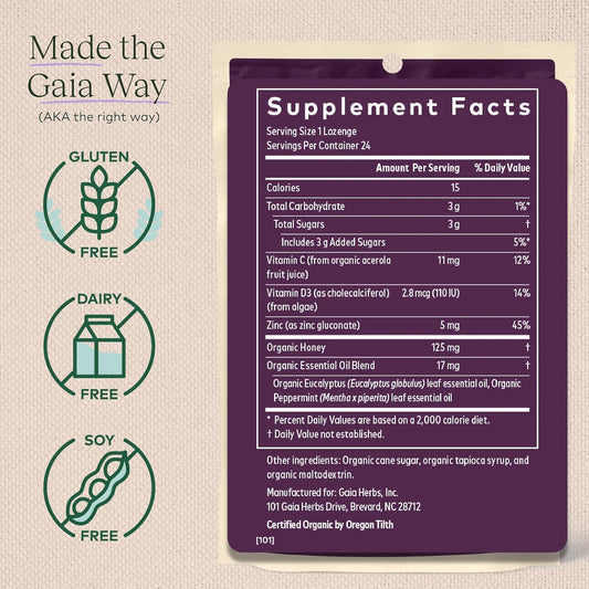 Gaia Herbs Immune Lozenges - Immune Support Lozenges - Usda Certified Organic - Vitamin C, Vitamin D, Zinc - Peppermint Flavor - 3 Pack, 72 Lozenges