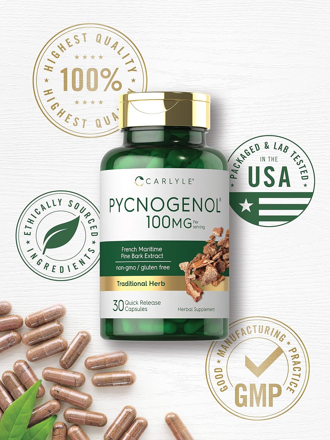 Carlyle Pycnogenol 100 mg | 30 Capsules | Non-GMO and Gluten Free Formula | French Maritime Pine Bark Extract Supplement : Health & Household