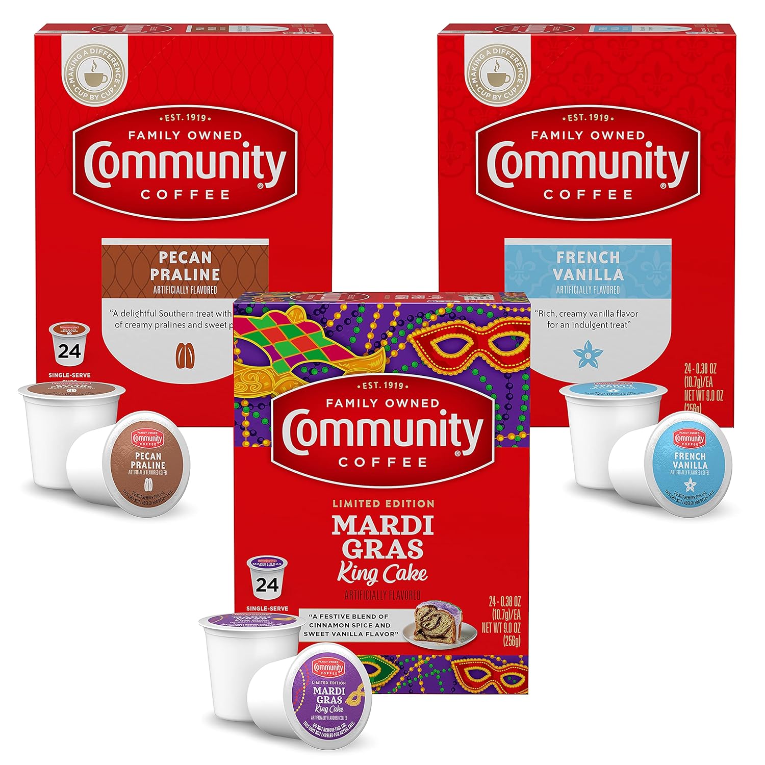 Community Coffee Flavored Pods Variety Pack,72 Count, Medium Roast and Flavored, Compatible with Keurig 2.0 K-Cup Brewers (24 Count, Pack of 3)