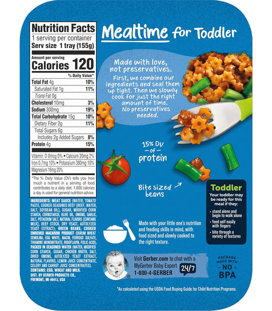 Gerber Mealtime For Toddler Pasta Sauce In Meat Sauce With Side Of Green Beans, Packed In Seasoned Water, Toddler Meal With No Preservatives, 6.8 Oz (Pack Of 6)