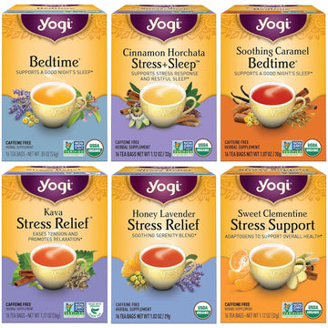 Yogi Tea Stress Relief & Herbal Tea Variety Pack - 16 Tea Bags Per Pack (6 Packs) - Organic Herbal Tea Sampler - Includes Bedtime Tea, Kava Stress Relief Tea, Soothing Caramel Bedtime Tea & More