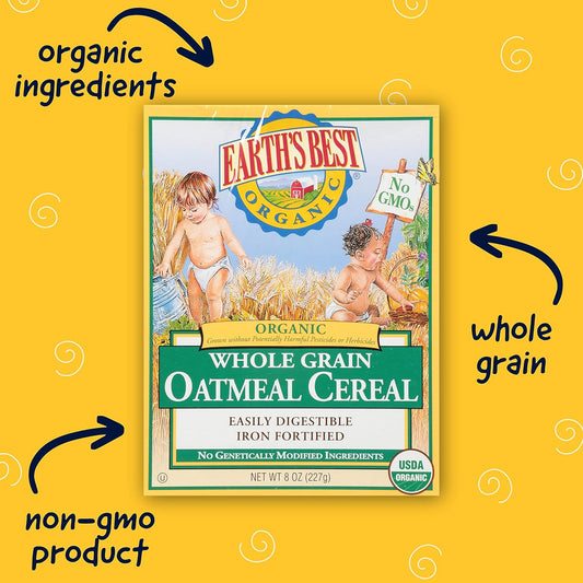 Earth'S Best Organic Baby Food, Organic Whole Grain Oatmeal Baby Cereal, Non-Gmo, Easily Digestible And Iron Fortified Baby Food, 8 Oz Box (Pack Of 12)