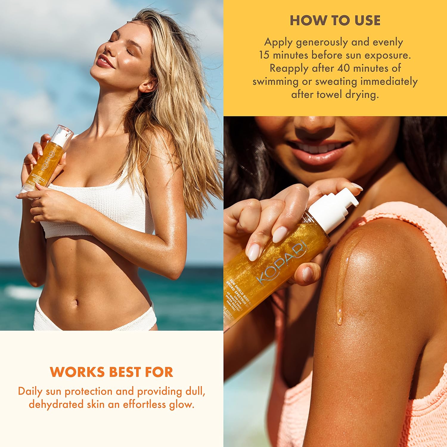 Kopari Sun Shield Body Glow, Broad Spectrum Spf 50, Lightweight Shimmering Gel Texture Absorbs Quickly, Non Sticky, Glowing Results, Gold 5 Oz : Beauty & Personal Care
