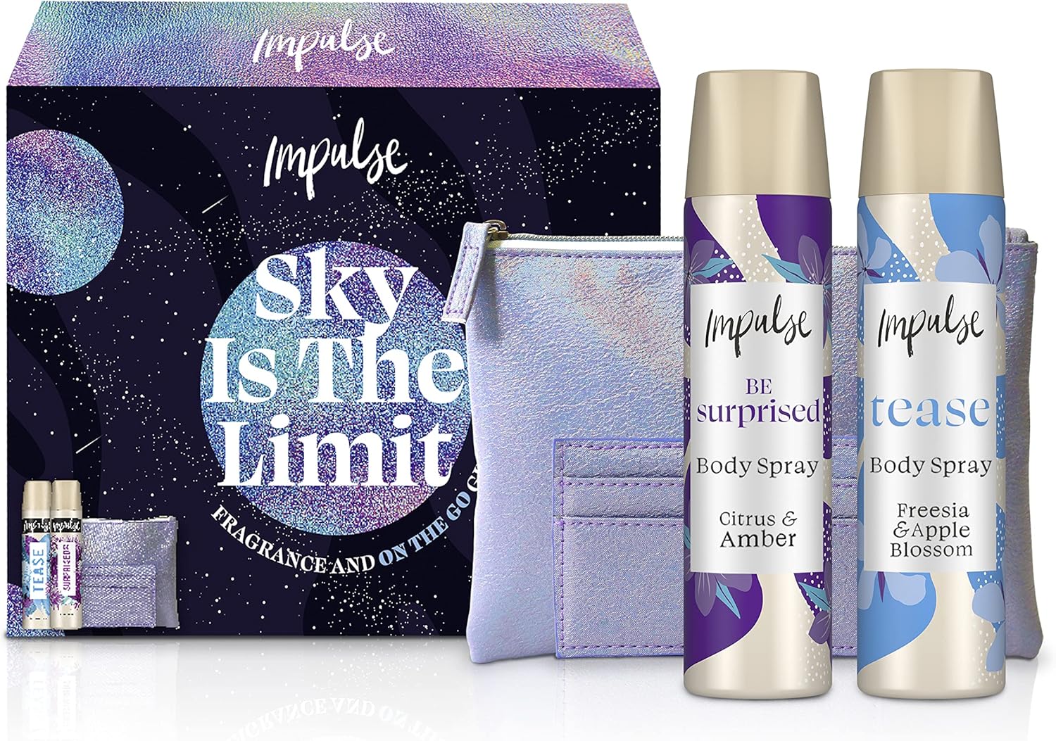 Impulse Sky Is The Limit Body Spray Fragrance & On-The-Go With A Purple Iridescent Makeup Bag And Card Holder Set For Her 2 Piece