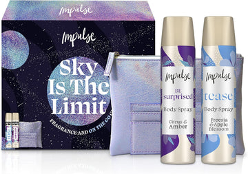 Impulse Sky Is The Limit Body Spray Fragrance & On-The-Go With A Purple Iridescent Makeup Bag And Card Holder Set For Her 2 Piece