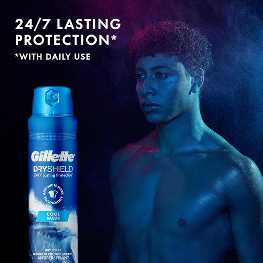 Gillette Dry Spray Antiperspirant And Deodorant For Men, 24/7 Sweat & Odor Protection, Anti-White Mark Technology, Cool Wave Scent, 4.3 Oz (Pack Of 3)