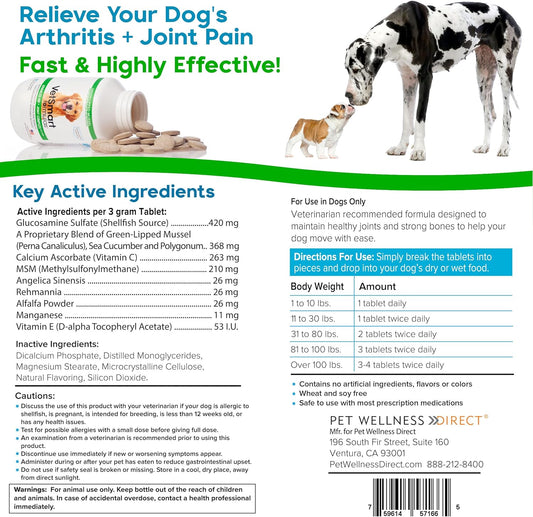Joint Supplement for Dogs - Green Lipped Mussel, MSM + Glucosamine Formula - Helps to Restore Mobility, Relieve Arthritis & Hip Dysplasia Pain, Reduce Inflammation, No Artificial Flavors