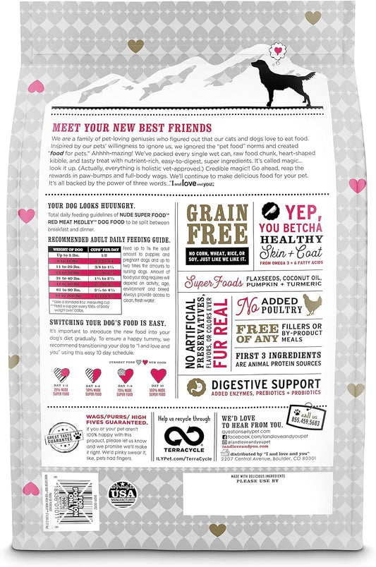 I and love and you Nude Super Food Dry Dog Food - Red Meat Medley - Prebiotic + Probiotic, Grain Free, Real Meat, No Fillers, 23lb Bag
