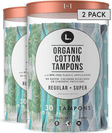 L. Organic Cotton Tampons Multipack, Regular/Super Absorbency, Free From Chlorine Bleaching Pesticides Fragrances Or Dyes, Bpa-Free Plastic Applicator, 30 Count X 2 Packs (60 Count Total)