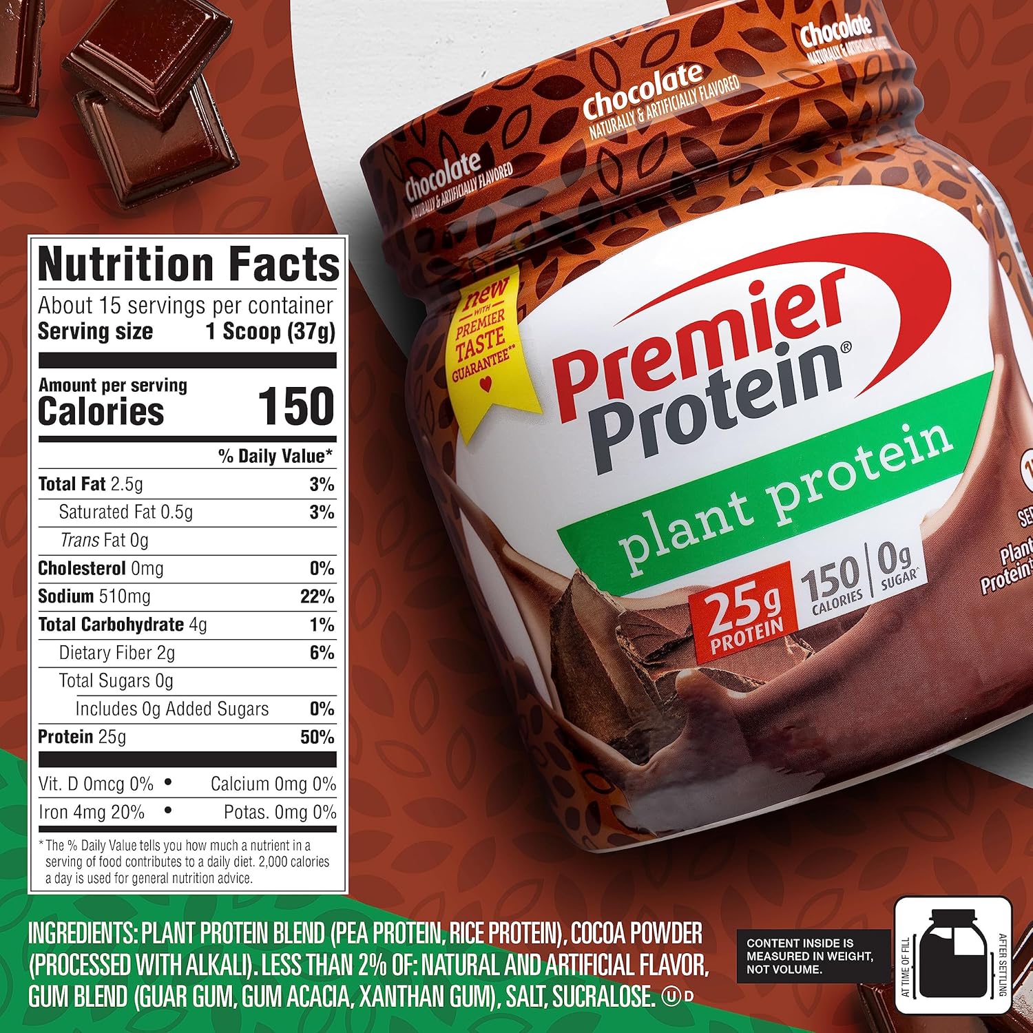 Premier Protein Powder Plant Protein, Chocolate, 25g Plant-Based Protein, 0g Sugar, Gluten Free, No Soy or Dairy Ingredients, 15 Servings : Everything Else