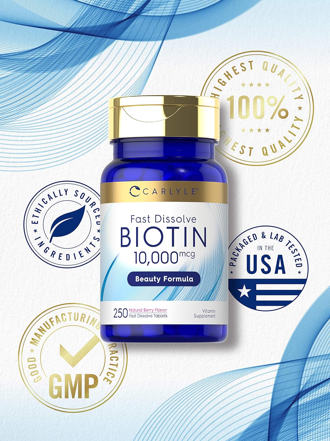 Carlyle Biotin 10000mcg | 250 Fast Dissolve Tablets | Max Strength | Vegetarian, Non-GMO, Gluten Free Supplement : Health & Household