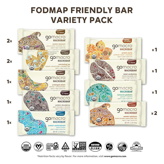 Gomacro Macrobar Organic Vegan Protein Bars - Fodmap Friendly Variety Pack (2.0-2.3 Ounce Bars, 12 Count)