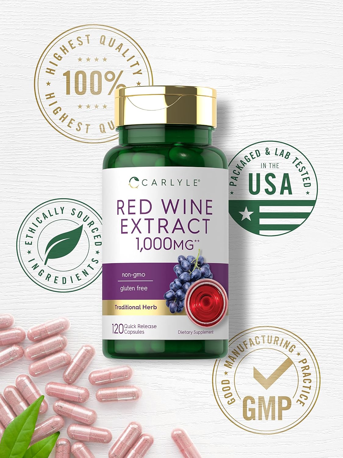 Carlyle Red Wine Extract Capsules | 1000mg | 120 Count | Non-GMO and Gluten Free Supplement : Health & Household