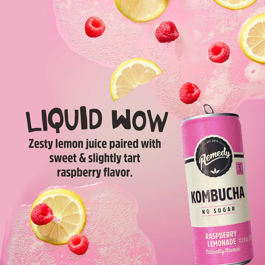 Remedy Kombucha Sugar Free Organic Drink, Low Calorie, Probiotic Like Tea For Gut Health - Raspberry Lemonade - 11.2 Fl Oz Can, 4-Pack