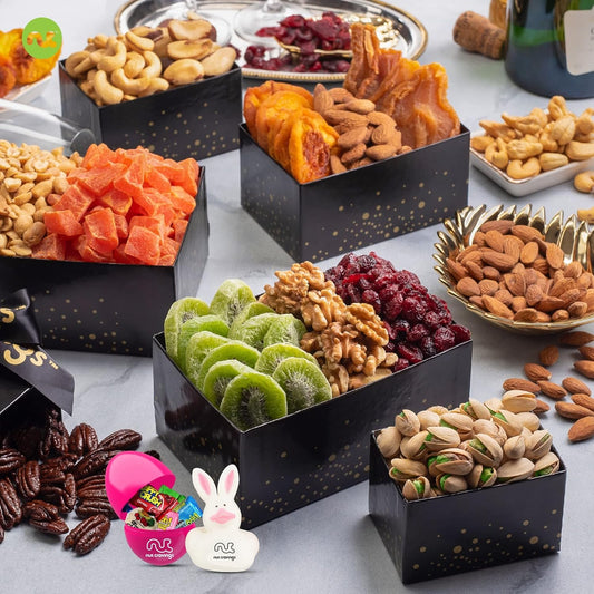 Nut Cravings Gourmet Collection - Easter Tower Dried Fruit Nuts & Candies Gift Basket with Happy Easter Ribbon (12 Piece Assortment) Candy Filled Egg + Bunny Stuffer - Kosher