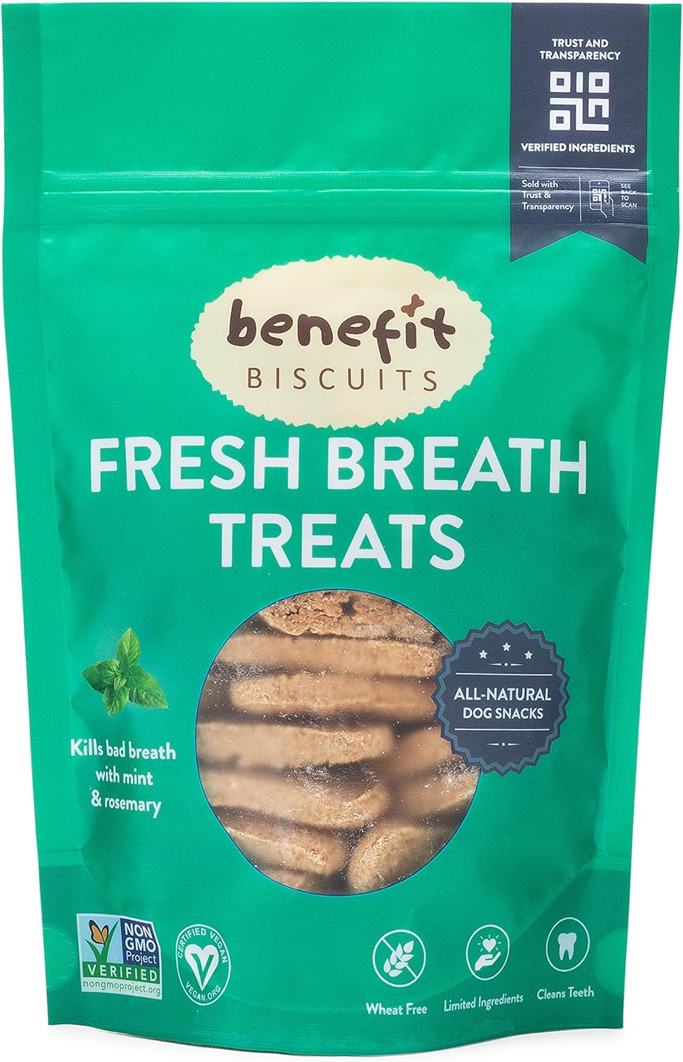 Benefit Biscuits, All Natural Dog Treats, Certified Vegan, Non GMO, Wheat Free, Healthy Dog Biscuits, Made in USA (Mint, Regular Bag, 7oz)