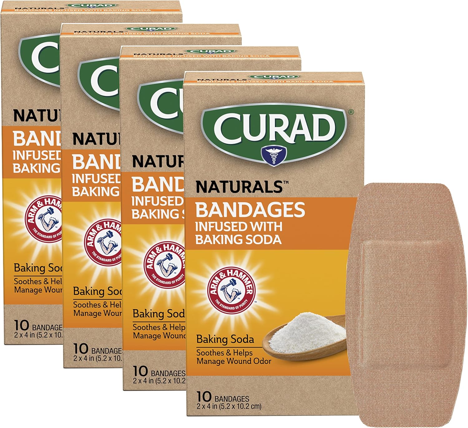 Curad Naturals Arm & Hammer Baking Soda Bandages 2" X 4", Individually Wrapped Sterile Bandage, First Aid Kit Essential, Protects Scrapes And Cuts, Absorbent And Self-Adhesive,10-Count-4 Boxes