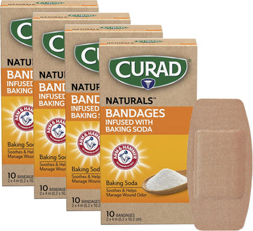 Curad Naturals Arm & Hammer Baking Soda Bandages 2" X 4", Individually Wrapped Sterile Bandage, First Aid Kit Essential, Protects Scrapes And Cuts, Absorbent And Self-Adhesive,10-Count-4 Boxes