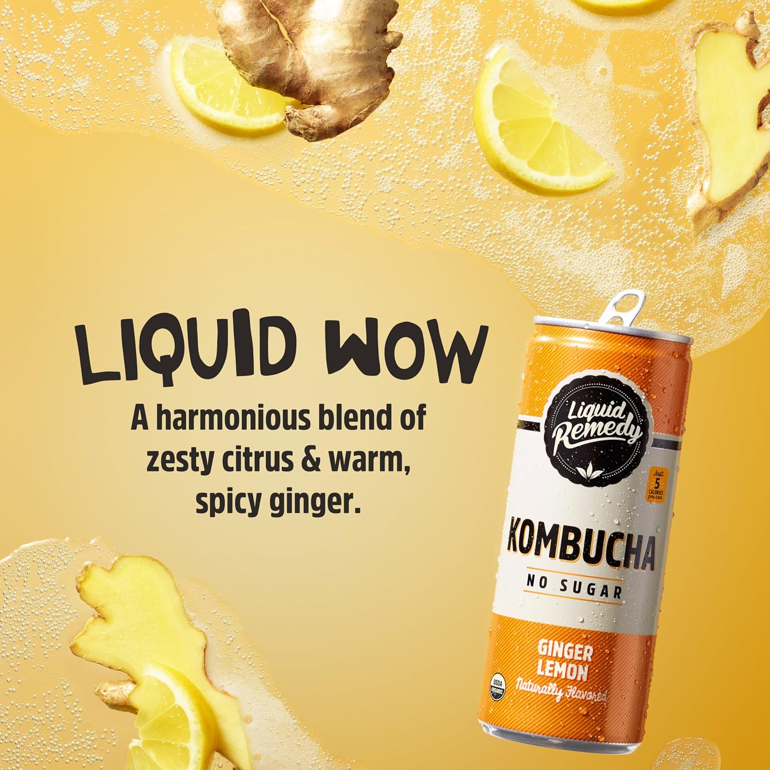 Liquid Remedy Kombucha Sugar Free Organic Drink, Low Calorie, Probiotic Like Tea For Gut Health - Ginger Lemon - 8.5 Fl Oz Can, 24-Pack