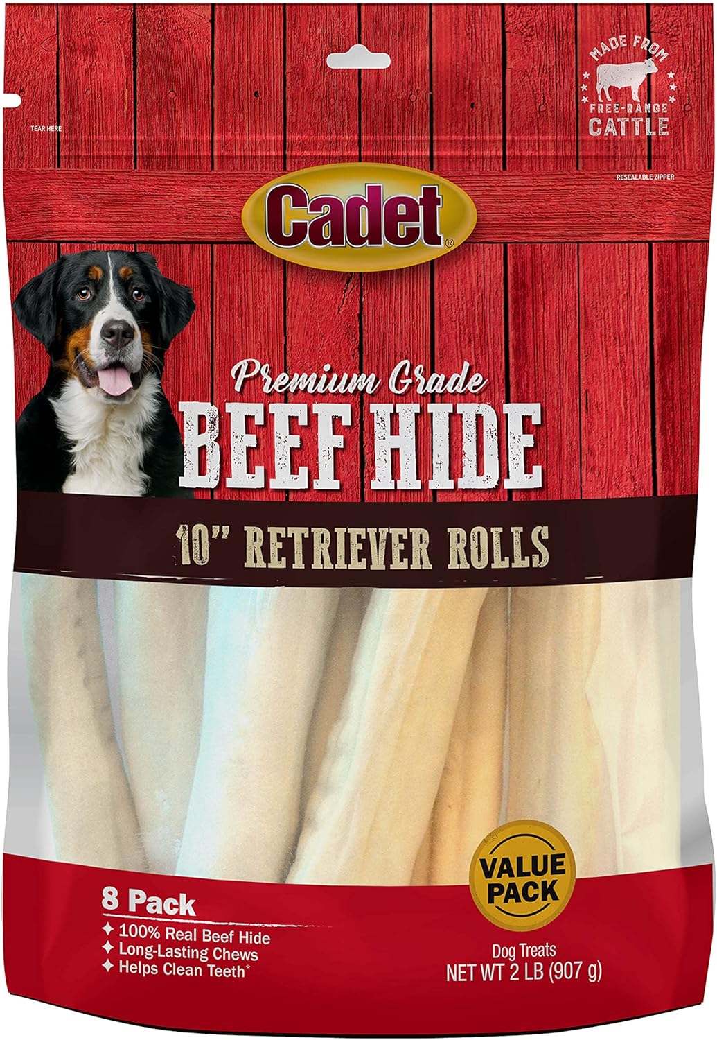 Cadet Premium Grade Beef Hide For Dogs, Long Lasting Rawhide Retriever Rolls, Single Ingredient Dog Chews, Beef Hide Flavor, 10 Inch (8 Count)